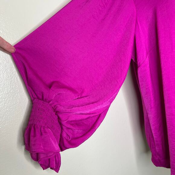Prelude Blouse Large Womens Magenta Pink V-Neck Top Balloon Sleeve Ruffle Chic - Picture 4 of 8